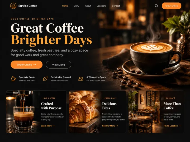 Dark, moody design with an orange accent
